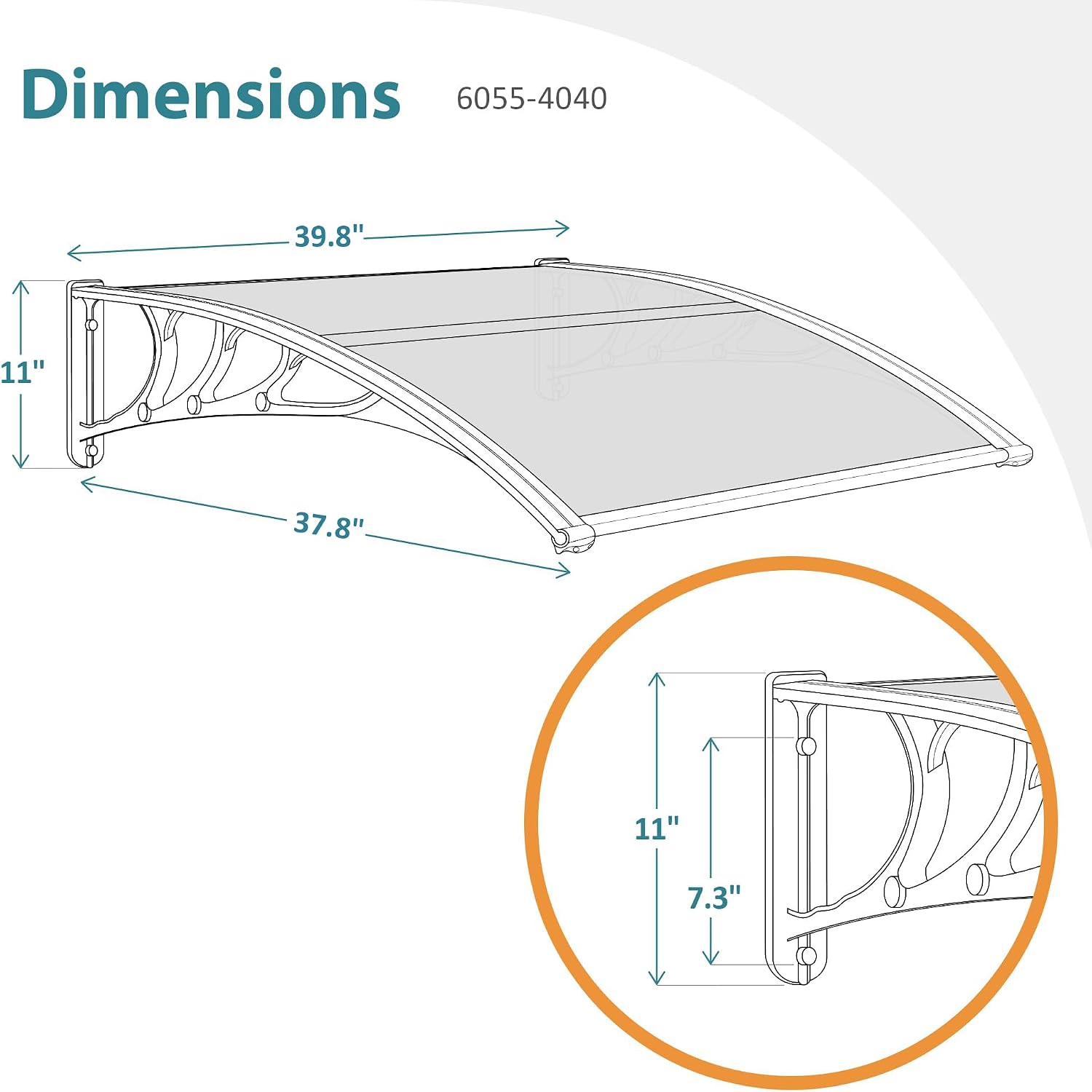 MCombo 39.8" x 37.8" Window Awning Outdoor Polycarbonate Hollow Sheet Door Patio Canopy, 6055-4040 (Brown Board with Black Bracket)