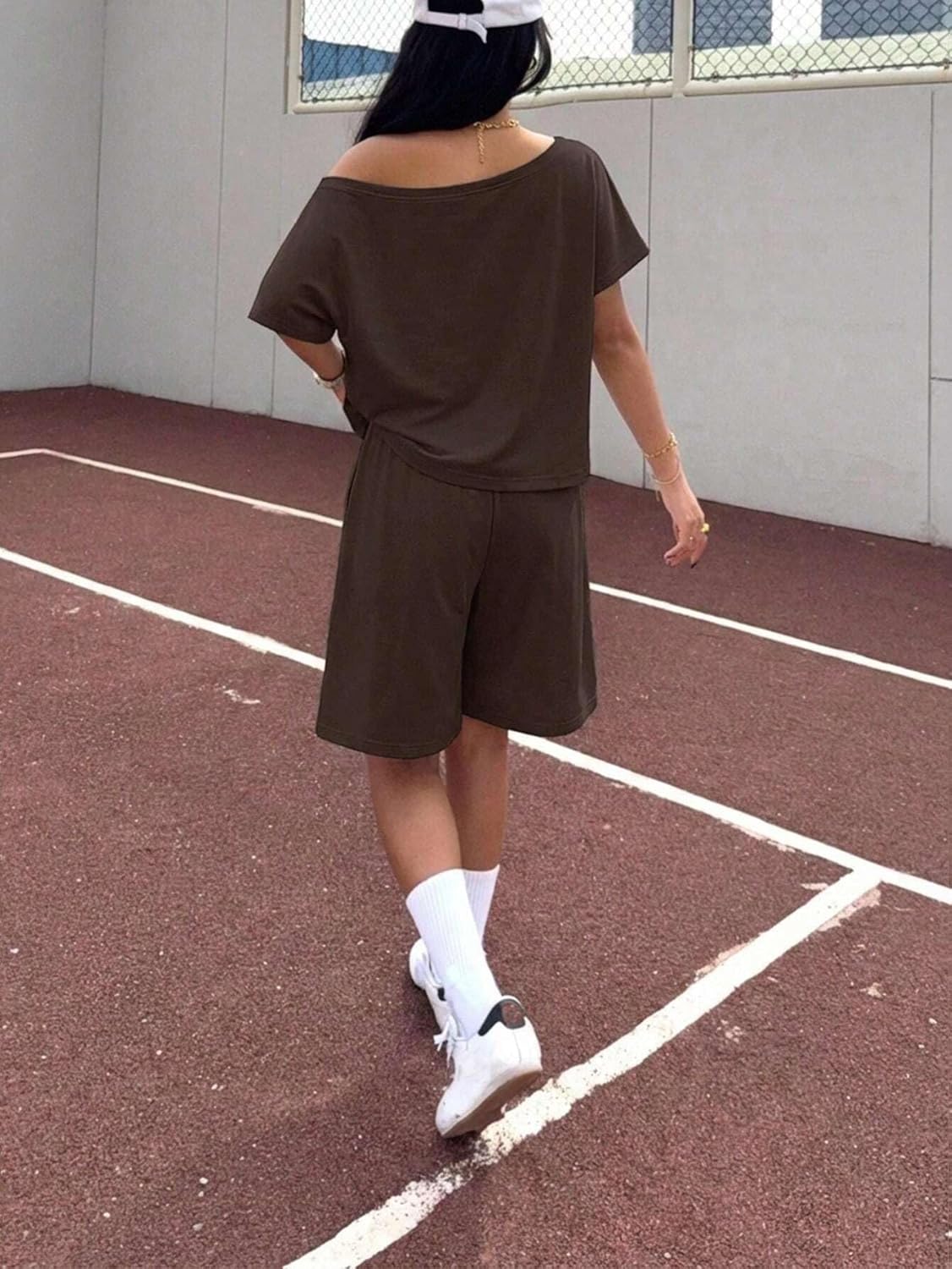 Women's Asymmetrical Neck Knit Sweatshirt And Shorts Set Casual Summer Two Piece Outfit