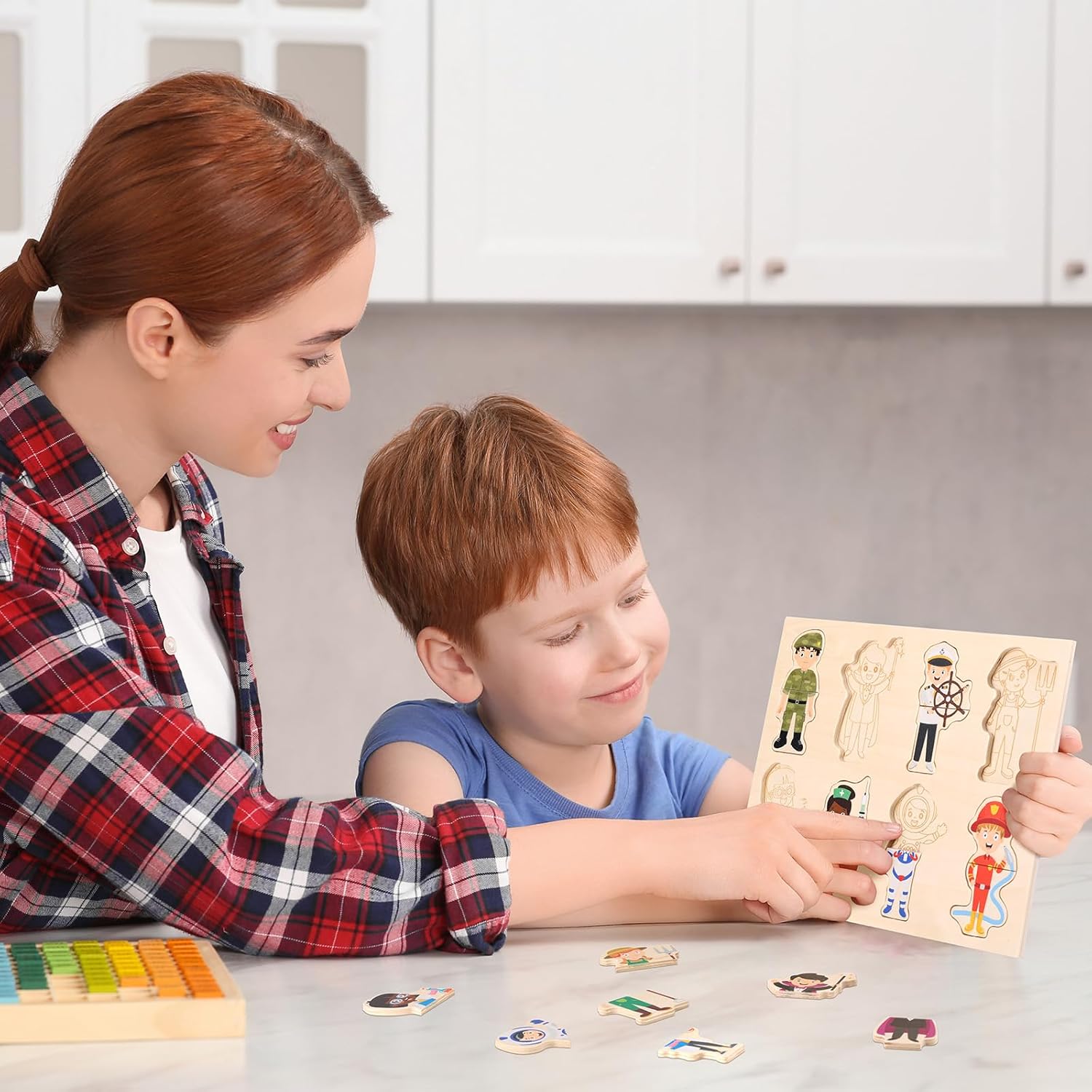 2 Set Wooden Puzzle for Toddlers Community Helpers Cognition Peg Puzzle Wood Blocks Multicultural Occupational Career Character Interchangeable Educational Toys Preschool Learning for Kids Children