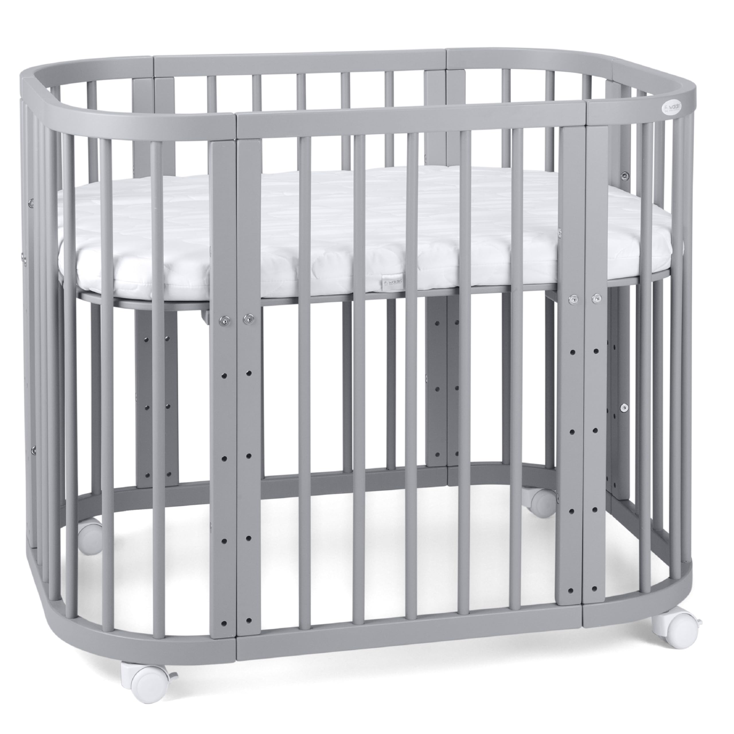 waldin Babybett 5in1, Beistellbett aus Holz, Matratze, Belüftet, Grau | Belüftet, Boden 5-fach verstellbar, Mitwachsend, Wiegefunktion optional