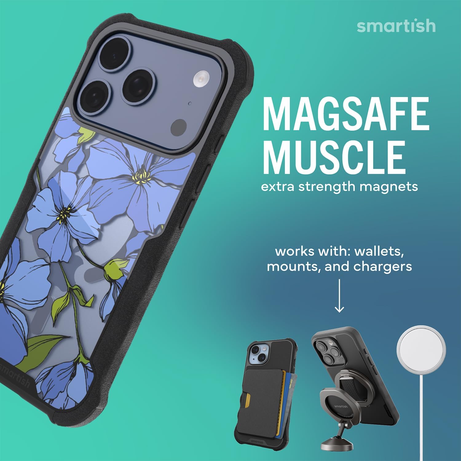 Smartish® iPhone 17 Pro MagSafe Case - Gripzilla Protective Magnetic Case for Men [Rugged + Tough] Military Grade Heavy Duty Grip Armor - Drop Tested for Apple iPhone 17 Pro - Blue Blossoms