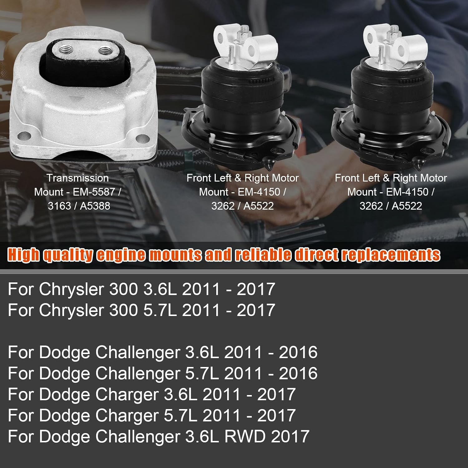 3Pcs Engine Motor Mount & Transmission Mount, For Chrysler 300 3.6/5.7L, For Dodge Challenger 3.6/5.7L, Charger 3.6/5.7L 2011-2017, Replace# A5522 A5522 A5388