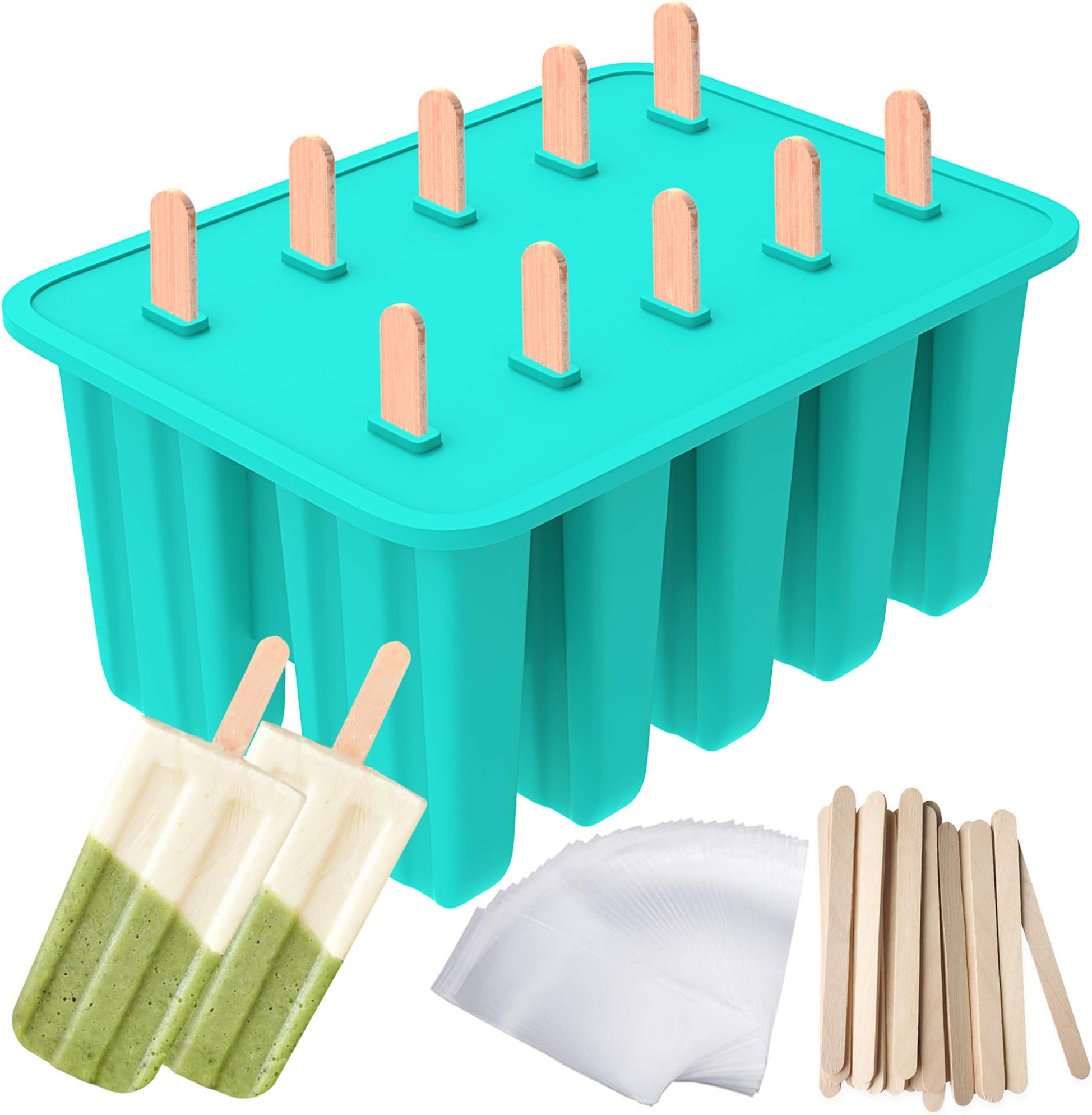 Ozera Popsicles Molds, 10-Cavity Popsicle Maker Molds Silicone Popsicle Molds, Homemade Popcical Molds Ice Pop Molds with 50 Popsicle Sticks, 50 Popsicle Bags (Green)
