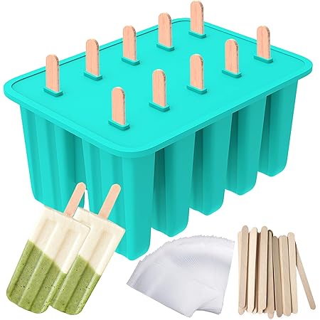 Ozera Popsicles Molds, 10-Cavity Popsicle Maker Molds Silicone Popsicle Molds, Homemade Popcical Molds Ice Pop Molds with 50 Popsicle Sticks, 50 Popsicle Bags