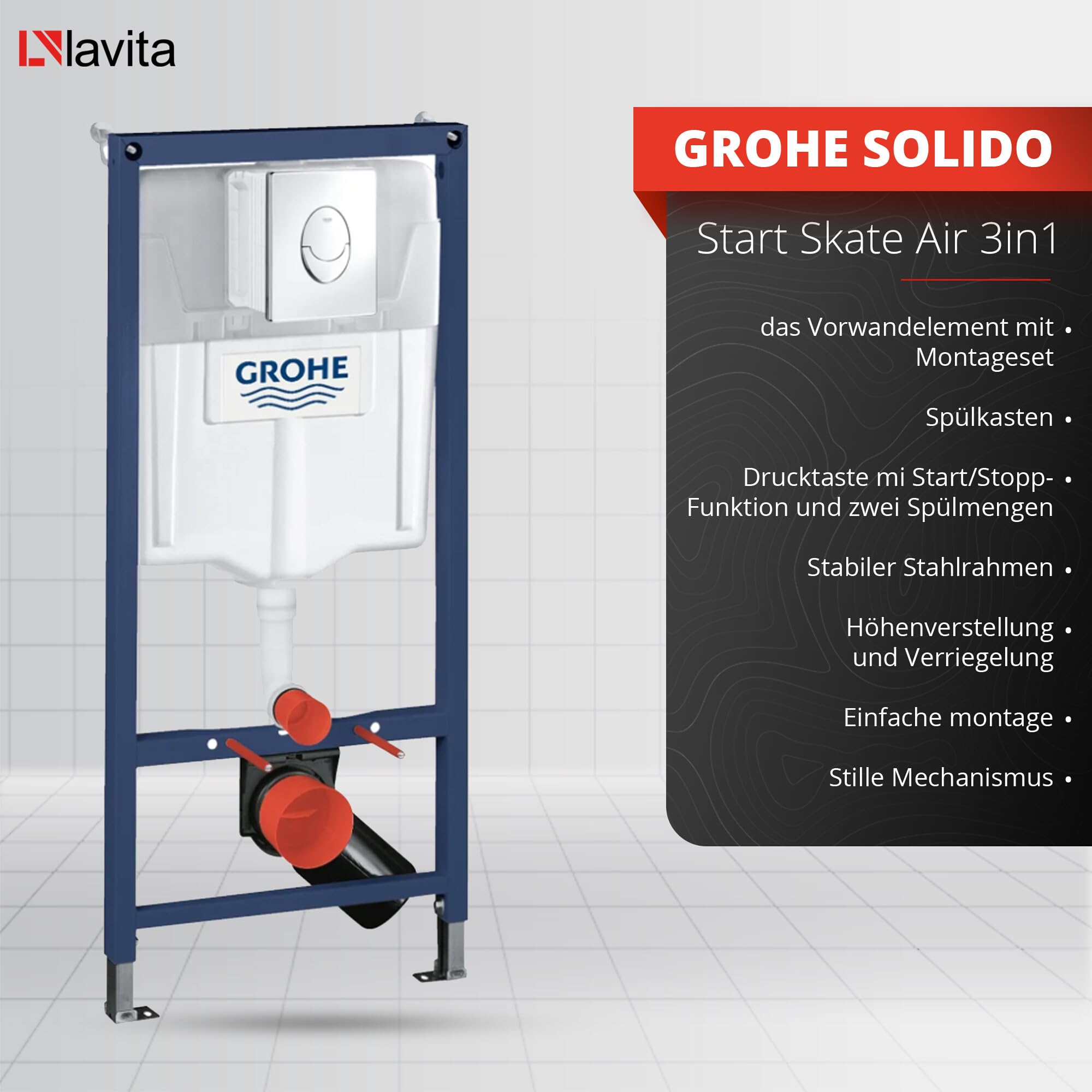 Lavita Vorwandelement Solido Start + Wand Hänge WC Sofi Slim Fire Schwarz Spülrandlos + WC Sitz mit Absenkautomatik Verchromter Knopf Komplettset Unterputz Spülkasten Toilette Komplett Sett WC