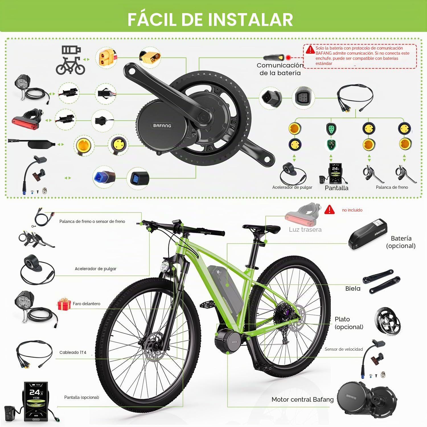 BAFANG Conversión Kit de Bicicleta Eléctrica DIY con Motor Central Incluye Opciones Paquete de Batería, BBS02B BBS-HD 250W, para BB 68-73MM/85-105MM/105-125MM con Pantalla LCD