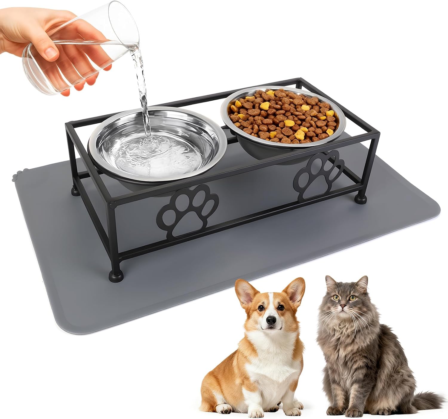 Elevated Cat Dog Bowls 2 Pack Raised Cat Dogs Bowls Stand with Non-Slip Slicone Mat Stainless Steel Elevated Pet Feeding Station (Black)