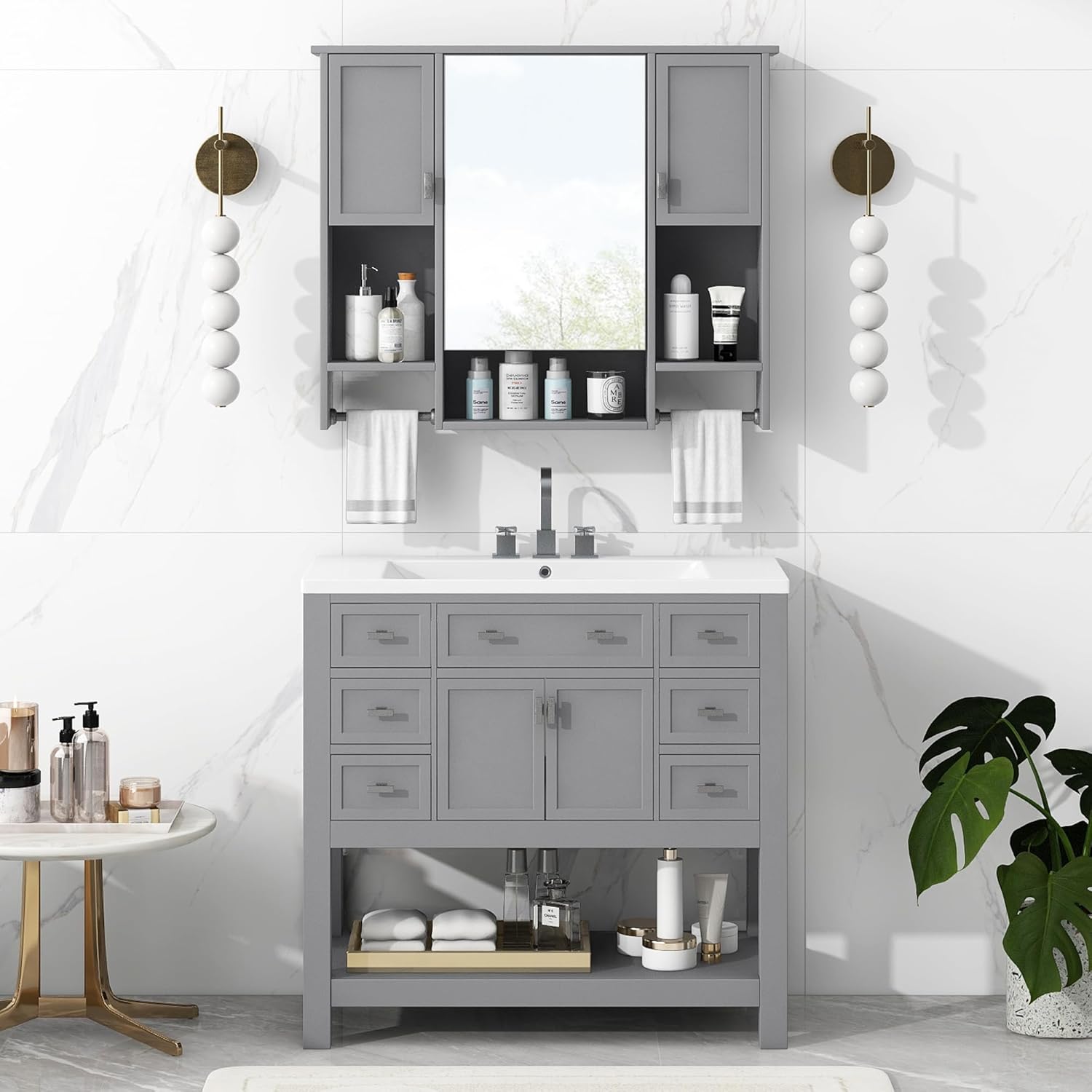 Bathroom Medicine Cabinet, Wall Mounted Bathroom Storage Cabinet with Mirror, Open Shelf, Side Cabinet and Towel Bar, Over The Toilet Mirrored Cabinet, 35" W x 28.7" H