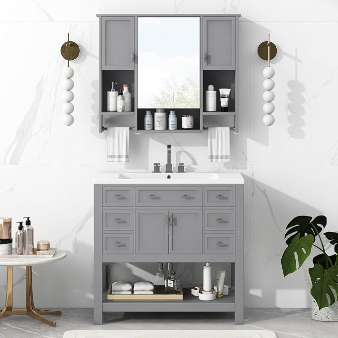 Botiquín de baño con espejo y toalleros gris 35 pulgadas miniatura 7