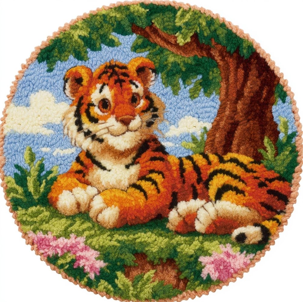 kitphoenix Rug DIY Crafts Yarn Carpet Round Shape Tiger Under A Tree 20X20Inch (50X50Cm) Latch Hook Rug Crochet Kits for Beginners Adults