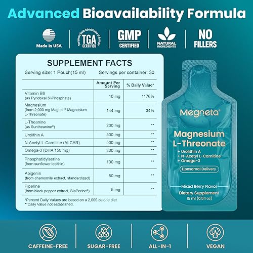 Miniatura 9 de L-treonato líquido de magnesio, 2000 mg de L-treonato de magnesio, liposomal para alta absorción, con urolitina A, N-acetil L-carnitina y omega-3,