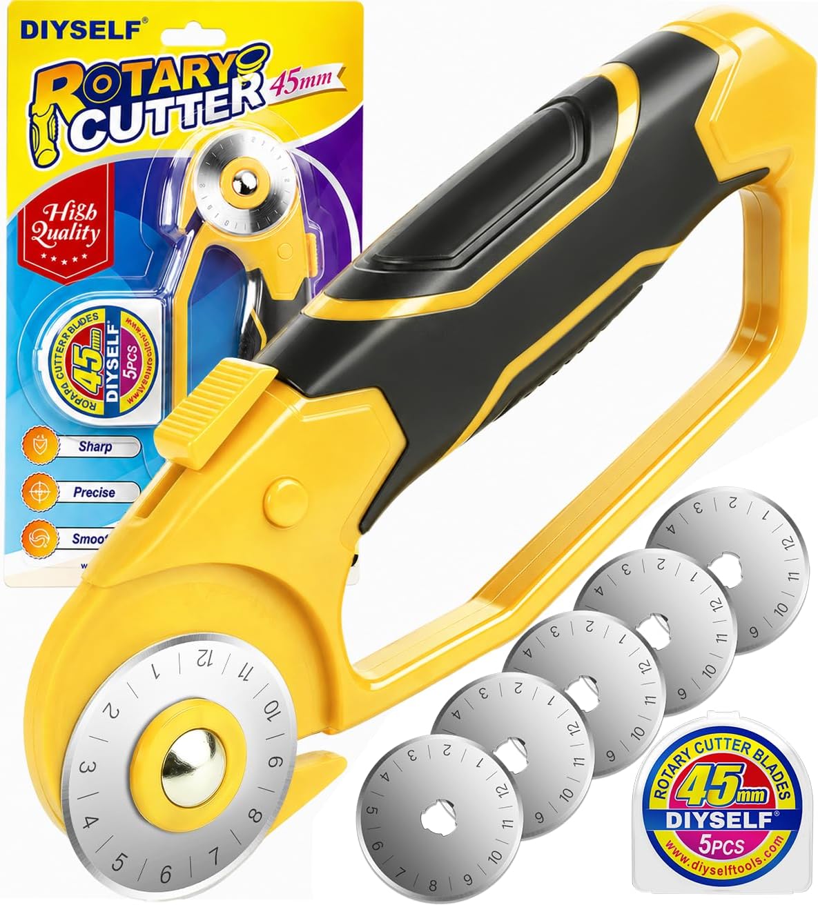DIYSELF 45mm Rotary Cutter for Fabric with 5 Extra Blades, Quilting Rotary Cutters, Ergonomic Roller Cutter for Fabric, Sewing Cutter with Safe Lock, Quick-Change Paper, Leather, Fabric Cutting Wheel