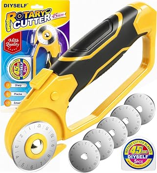 DIYSELF 45mm Rotary Cutter for Fabric with 5 Extra Blades, Quilting Rotary Cutters, Ergonomic Roller Cutter for Fabric, Sewing Cutter with Safe Lock, Quick-Change Paper, Leather, Fabric Cutting Wheel