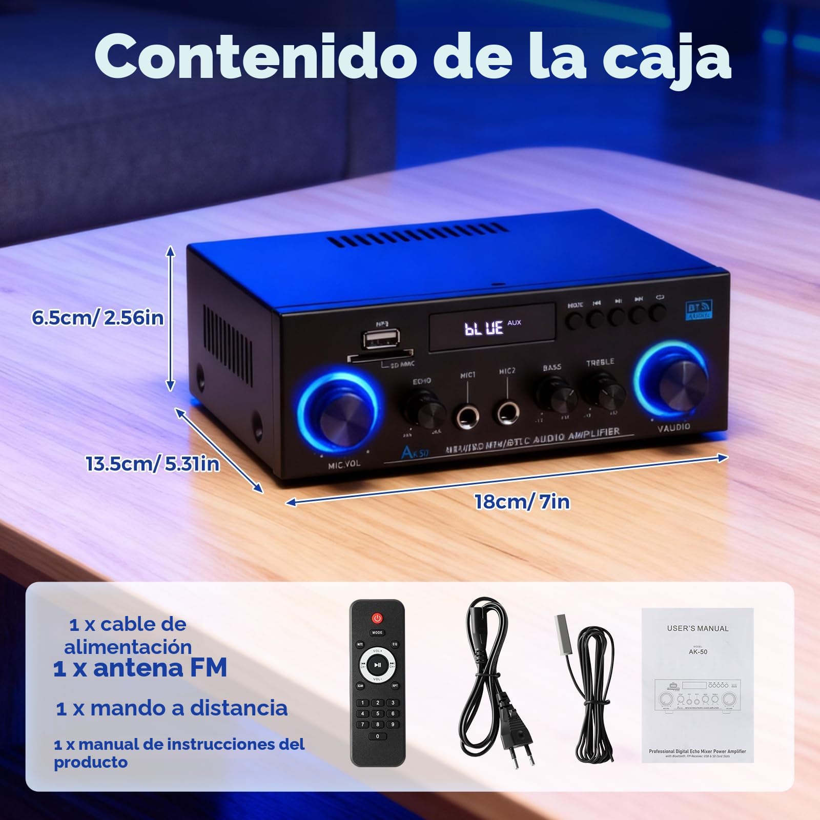 Romicta AK50 Amplificador de Audio Estéreo 800W, Bluetooth 5.0, 2 Canales, con Radio FM, USB, SD, Echo, Micrófono input y Control Remoto, para Cine en Casa