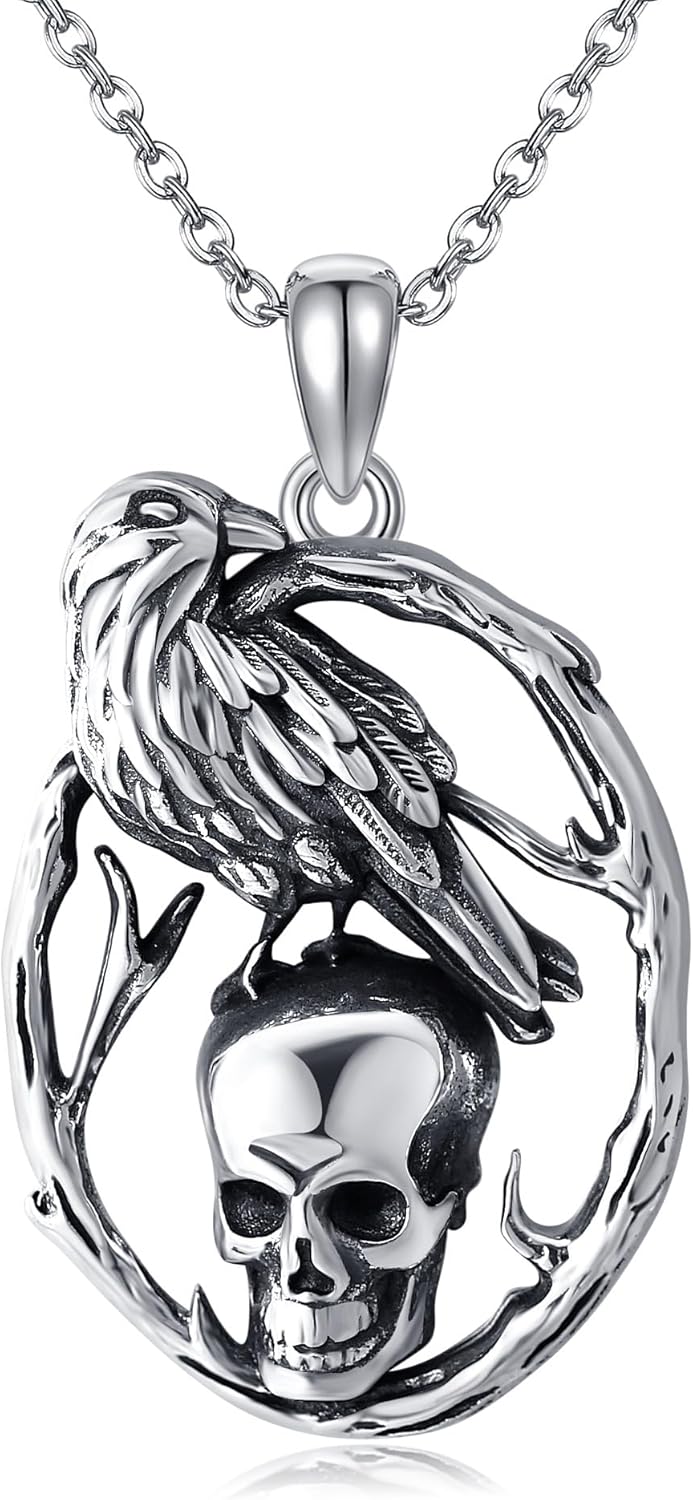 Raven Necklace 925 Sterling Silver Skull Necklace Gothic Crow Pendant Animal Jewelry