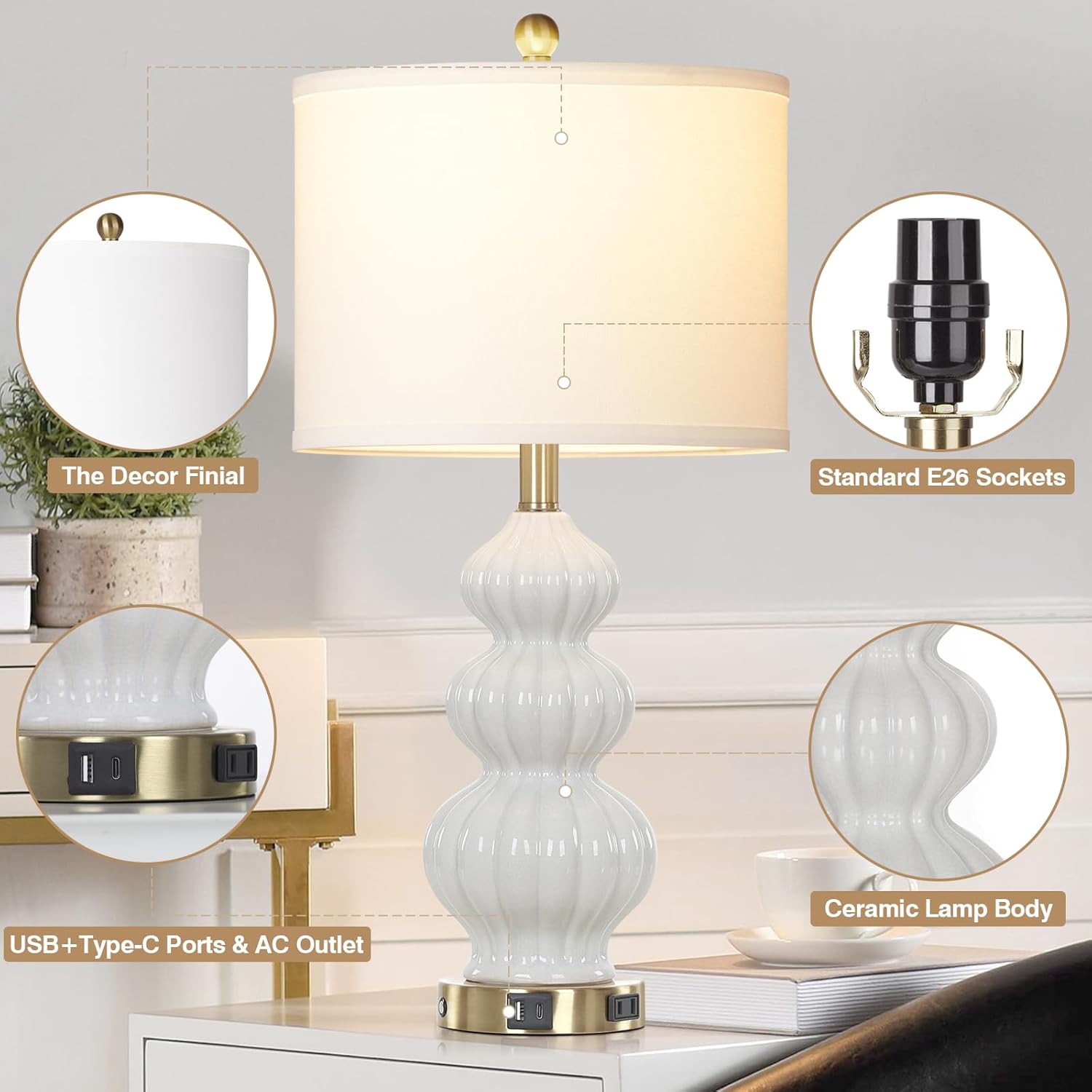 Triple Gourd Ceramic Table Lamps Set of 2, Modern White Bedside Lamps with USB A+C Ports & AC Outlet, 3 Way Touch Control Contemporary Nightstand Lamps for Bedroom Living Room