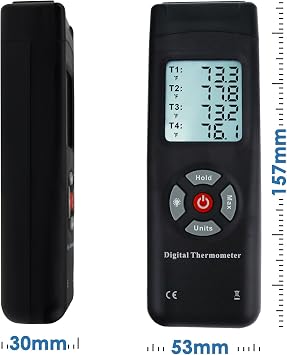 Thermometer 4 Channels K-Type Thermocouple sensor tester with K-Type Metal & Bead Probe Backlight Temperature Instrument -50~1350°C (-58~2462°F) Max/Min/Avg reading Data Log Storage Recording Function