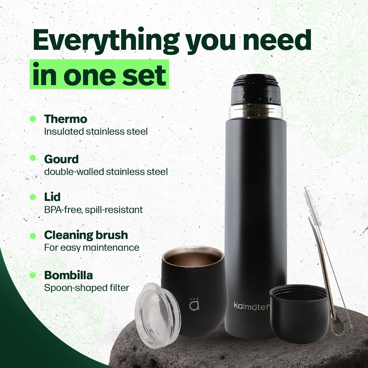 Kalmateh Yerba Mate Gourd 8oz & Vacuum Insulated Bottle 1000ml set, Includes Mate Cup, Double-Walled Flask, Bombilla Straw, Cleaning Brush & Gift Box (Matte Black)
