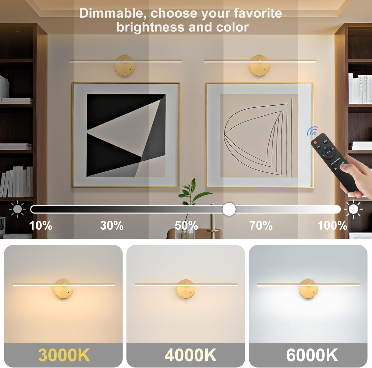 Battery Operated Picture Light with Wireless Remote & Timer Function, 3 CCT Dimmable Gold Wall Art Lights, 24'' 8000mAh Rechargeable Gallery Light for Paintings, Canvas, Artwork, Frames,(1PACK)