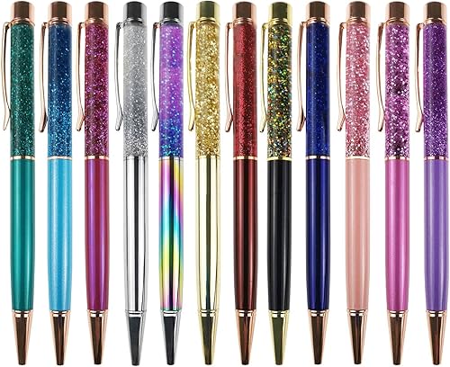Miniatura 10 de Bolígrafos de metal de lujo, bolígrafo flotante de arena líquida dinámica con purpurina para suministros de oficina, (repuestos negros, 20 piezas)