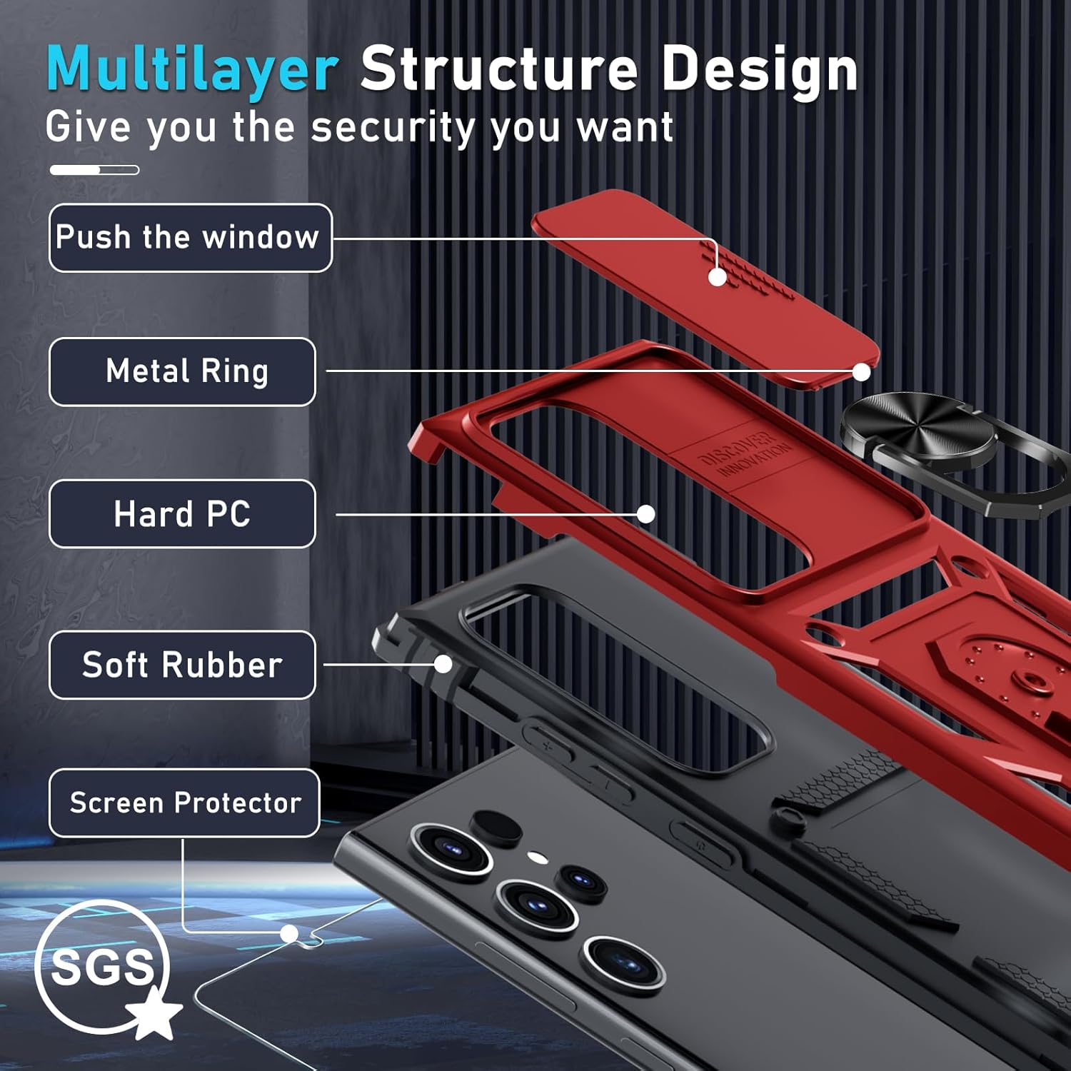Janmitta Compatible with Samsung Galaxy S25 Ultra Case Built in Slide Camera Lens Cover+Screen Protector+Finger Ring Holder Kickstand,Heavy Duty Shockproof Full Body Phone Cover,2025 Red - Image 4