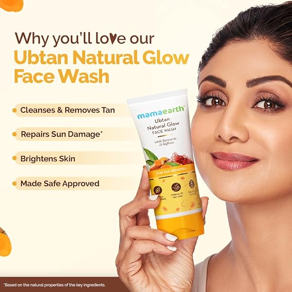 Mamaearth Ubtan De Tan Face Wash | Helps Reduce Tanning & Sun Damage | Gently Cleanses Dirt & Excess Oil | Enriched with Turmeric & Saffron | 3.38 Fl Oz (100ml)