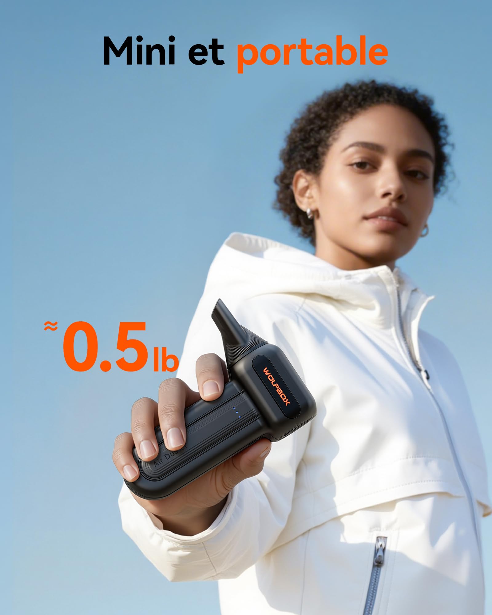 WOLFBOX MF60 Souffleur Air Comprimé, 110000 TR/Min Souffleur PC Puissant Sans Fil, Mini Souffleur 3 Vitesses, Autonomie 240 Min, Dépoussiérant pour Clavier Voiture Maison, 5 Buses