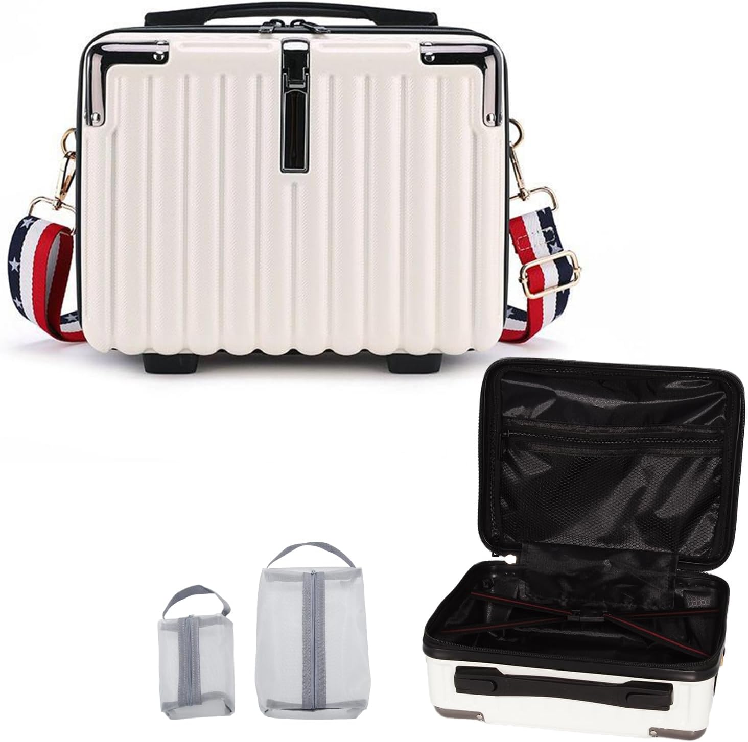 VNIMTI Makeup Travel Case, Hard Shell Cosmetic Case Organizer, Portable Cosmetic Bag, Mini Makeup Luggage with Shoulder Strap, ABS Surface, Zipper, Large Capacity, White