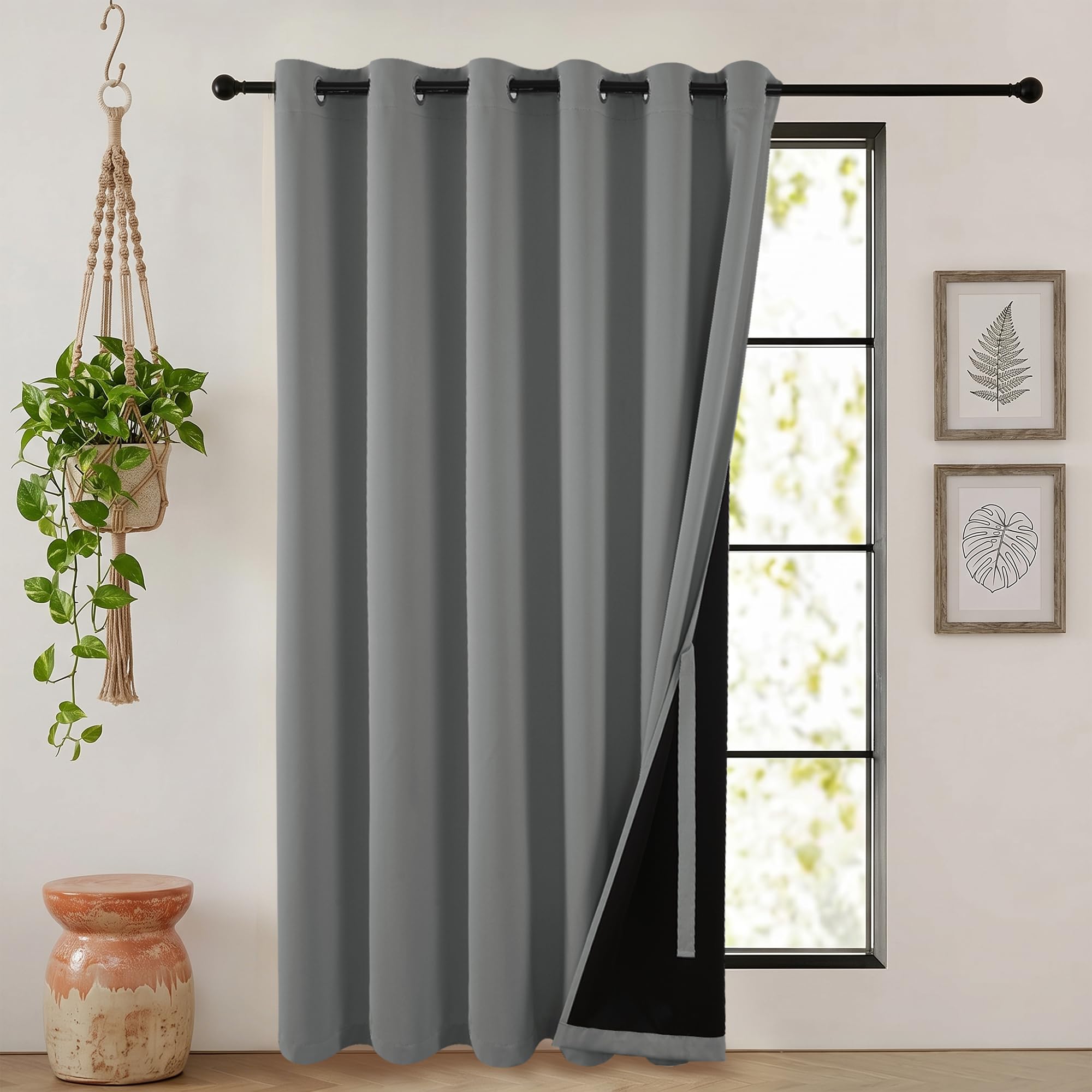 DWCN 100% Blackout Curtains Thermal Insulated Eyelet Curtains for Bedroom Living Room with Black Liner, Grey, 100 x 108 Inch, 1 Panel