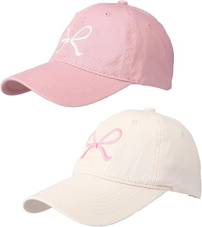 Skicuff 2 Pack Bow Tie Baseball Cap Coquette Pink Bow Baseball Cap for Woman Cute Sun Travel Sports Hats