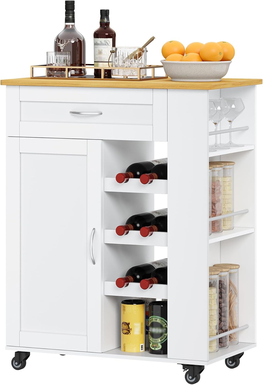 Hzuaneri Carrello Cucina, Mobile Cucina, Scaffale 3 Ripiani con Espositore per Vino, Mobile Multifunzione con Ruote, per Cucina, Soggiorno e Sala da Pranzo, 68 x 86 x 40 cm, Bianco ST03003W