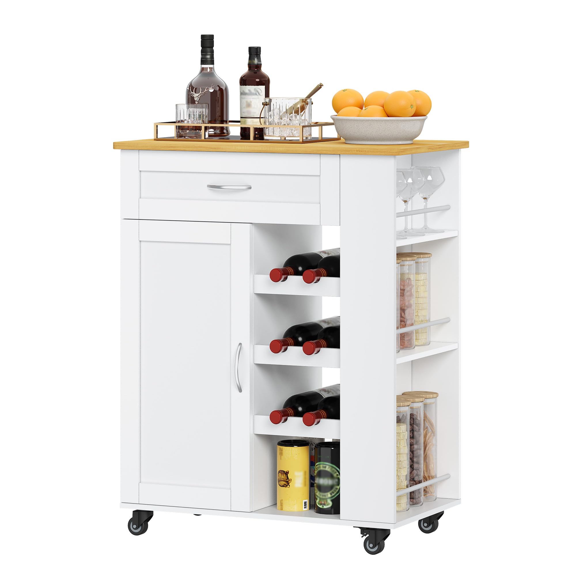 Hzuaneri Kitchen Island on Wheels, Wooden Kitchen Storage Trolley with Drawers and 3 Shelves, Rolling Kitchen Island Cart with Side Wine Rack for Dining Room, Laundry, Living Room White ST03003W