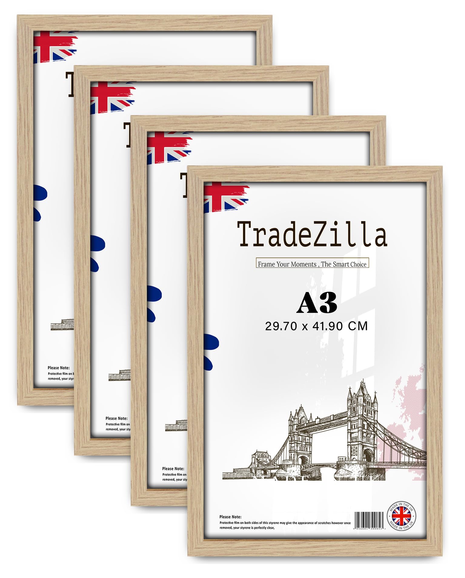 Tradezilla Oak Pack Of 4 Traditional Picture Frame A3 (29.70 X 41.90 Cm) - 297 X 419 Mm Strong & Clear Perspex For Print/Photo/Wall Gallery-Family Photos 16X11 Inch [ ]