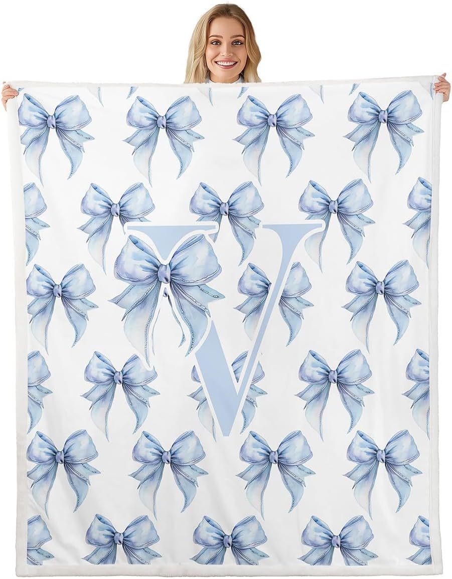 Feelyou Kids Cute Blue Bow Fleece Throw Blanket Twin 60"x80" Monogrammed Alphabet Sherpa Blanket Plush Fuzzy for Boys Girls Personalized Initial V for Bed Couch Chair Living Room Microfiber