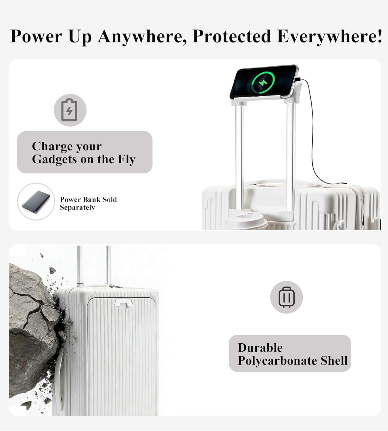 feilario 20in Hardside Spinner Wheel Luggage with Zipper Closure, Built-In TSA lock Carry on Suitcase, with Cup Holder & USB Port & Phone Holder White(with zipper closure, 20in) - Image 6