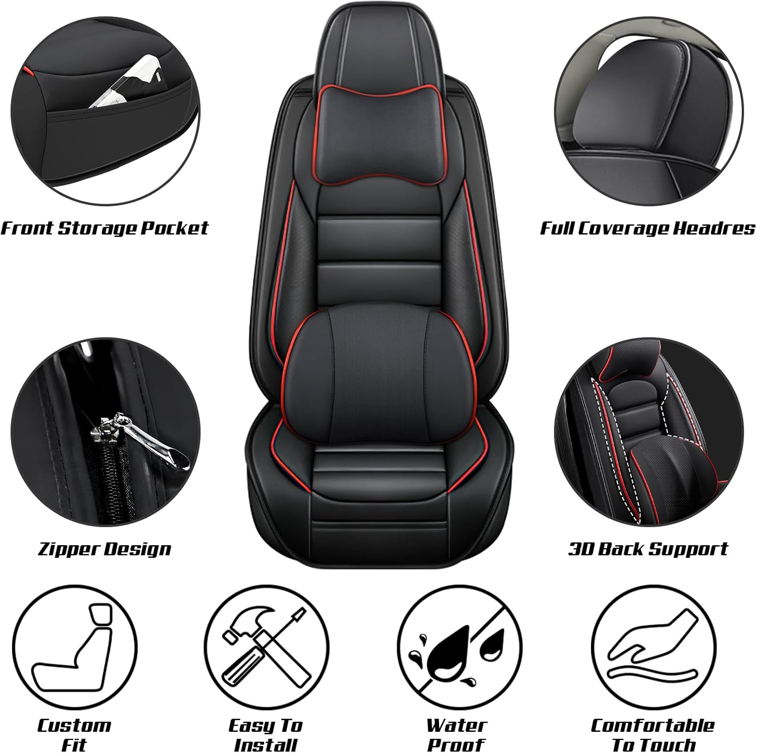 Full Set for Ford Focus Seat Covers 2000-2020, Waterproof Nappa Leather Car Seat Protector, Anti-Slip & Comfortable Car seat Cover (Luxury 5 Seats Black & Red)