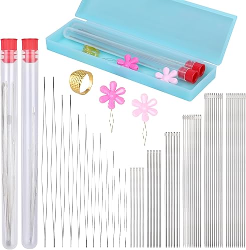 Juego de 75 agujas de cuentas, agujas de cuentas de semillas, 60 agujas largas y rectas, 12 agujas de cuentas de ojo grande con botellas de aguja,