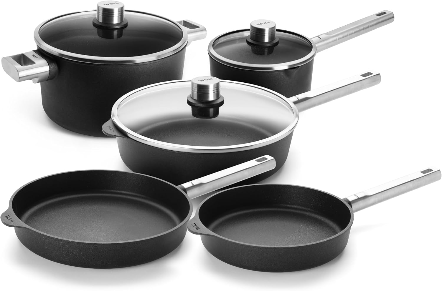 Woll ECO LOGIC PRO 8-Pc Cookware Set: 9.5" & 11" fry pans, 11" sauté pan, 7" saucepan, 9.5" stockpot + 3" lids. Made in Germany, Cast aluminum, Stainless Steel Handles, PFAS-free Diamond QXR nonstick.