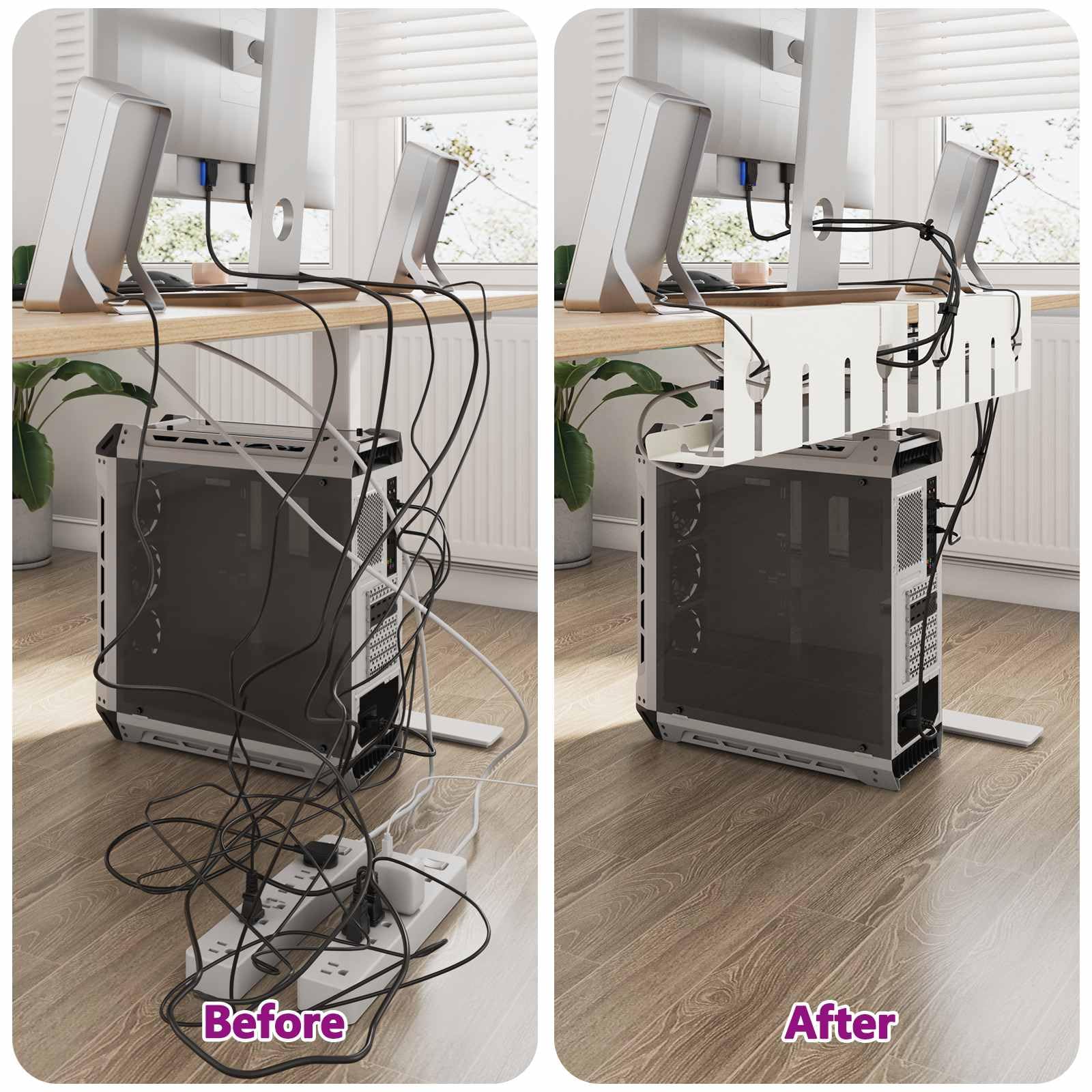 vidaXL Bandeja de gestión de cables debajo de la mesa 2 piezas Blanco, Bandeja de cables moderna, instalación sin taladro, soporte de abrazadera, organizador de cables de tornillo
