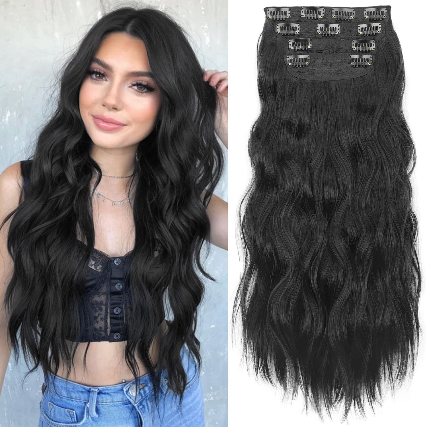 KooKaStyleClip in Synthetic Hair Extensions Long Wavy 4PCS Thick Hairpieces Black Fiber Double Weft Natural Hair Extensions 24 Inch for Women