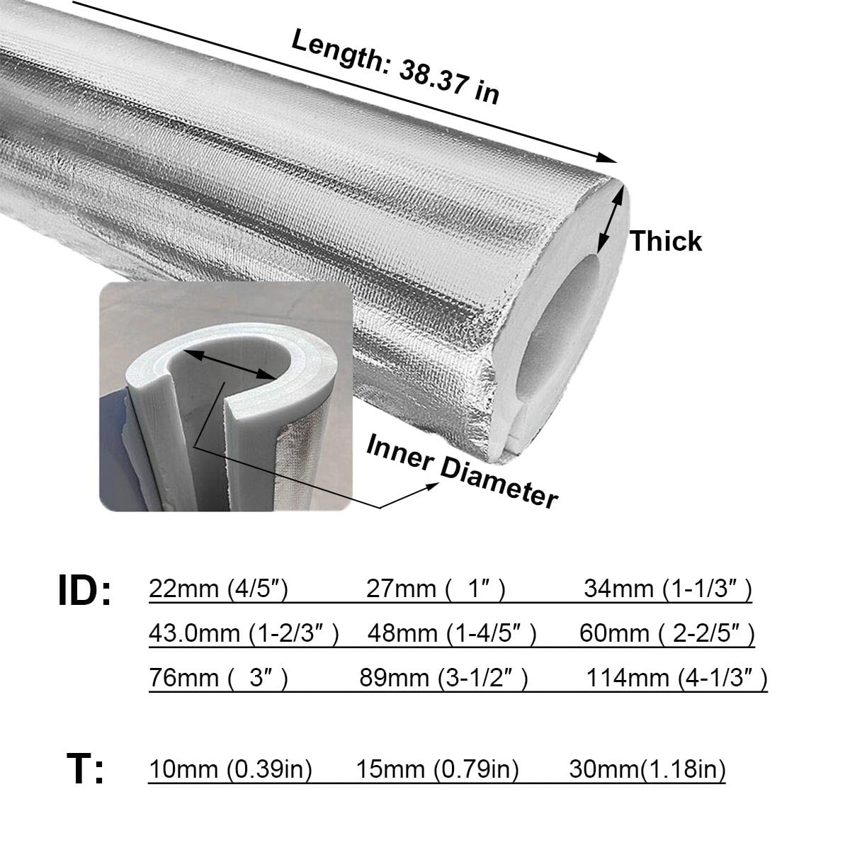 Envoltura aislante de tuberías de espuma autoadhesiva: polietileno de alta densidad con lámina de aluminio, 1 pieza, varios tamaños de identificación(1.18x4-1/2")