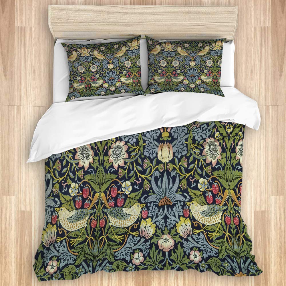 PONIKUCY bedding Duvet Cover Set,strawberry thief indigo vintage art by william morris,Microfibre Duvet Cover Set 135x200cm with 2 Pillowcase 50X80cm