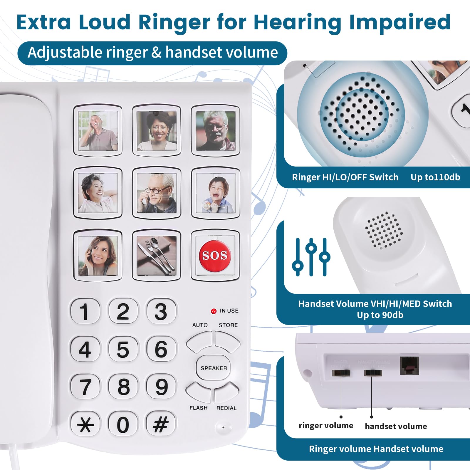 Teléfonos para personas mayores, teléfono de demencia para personas mayores, teléfono fijo con cable de memoria de 9 imágenes para ancianos, dial de un solo toque, timbre amplificado de 110 dB+,