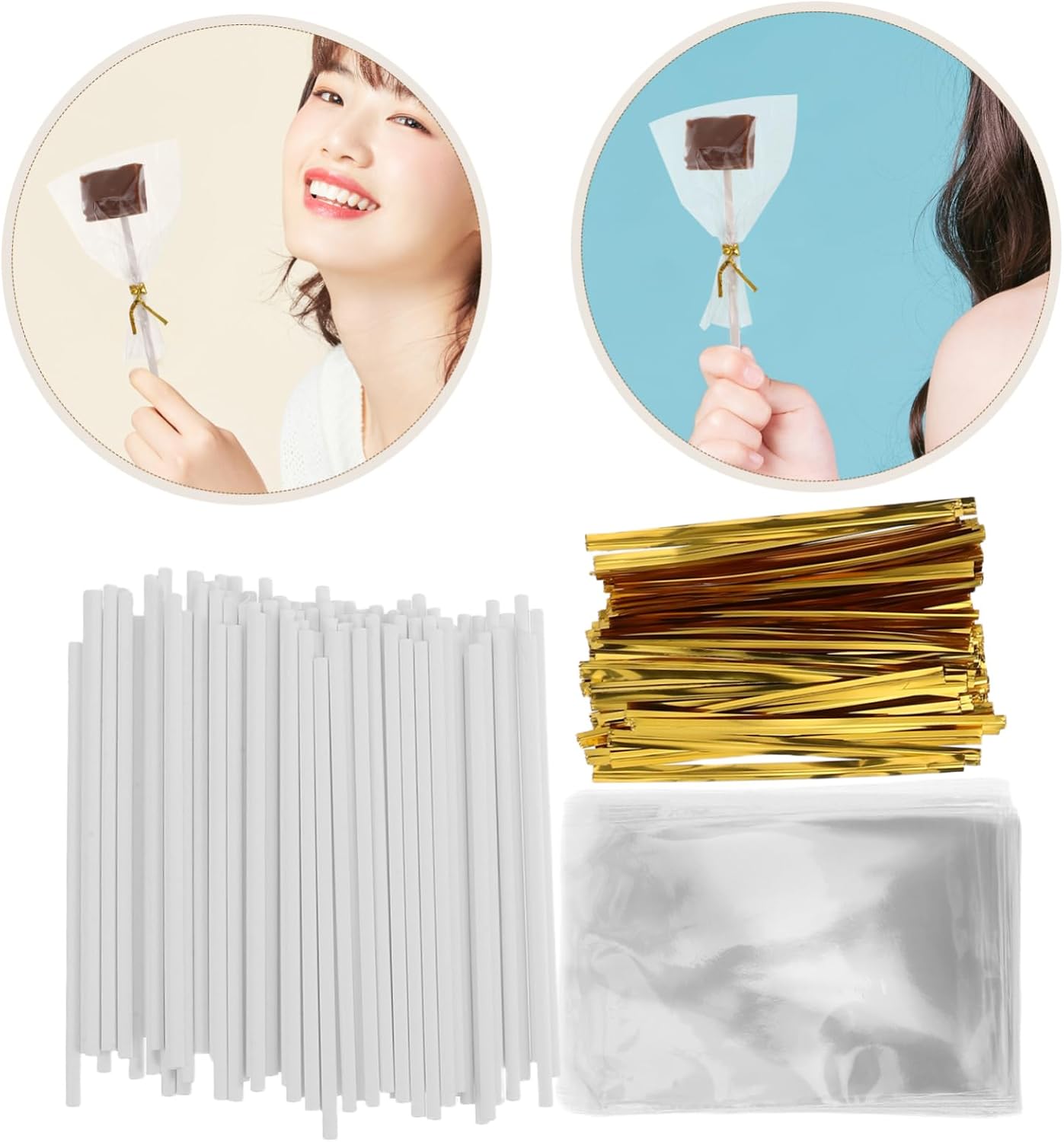MAGICLULU 1Set Lollipop Sticks with Wrappers Kit Food Grade Paper Sticks Metallic Twist Ties for Cake Pops Chocolates Candies Cookies for Parties and DIY Treats