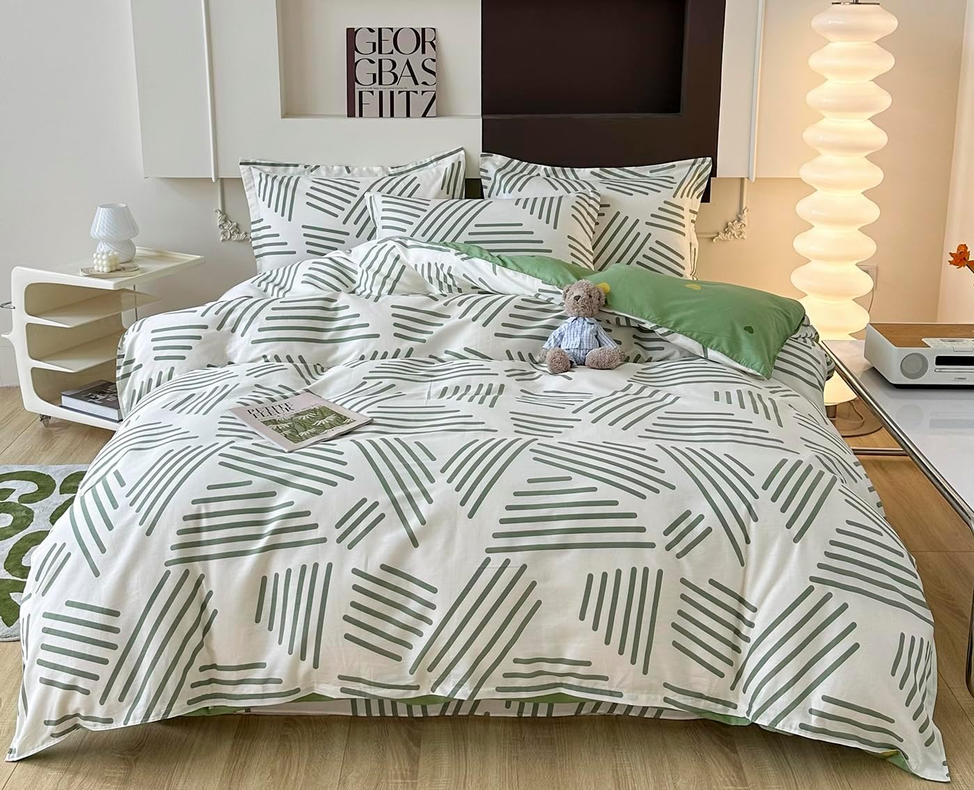 Striped Duvet Cover Queen, White 100% Cotton Duvet Cover with Green Stripes Pattern Printed Comforter Cover Reversible Floral Bedding Set with Zipper Closure(White, Queen)