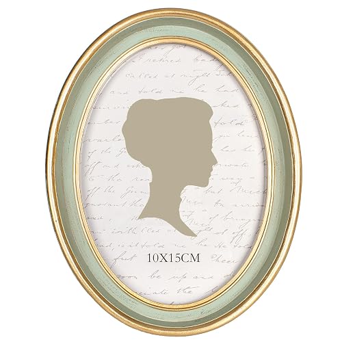 AELS 4x6 Inch Vintage Picture Frame, Elegant Antique Photo Frames with Glass Front, Photo Display, Tabletop Wall Hanging, Gift Ideas, Oval Sage Green with Gold Trim