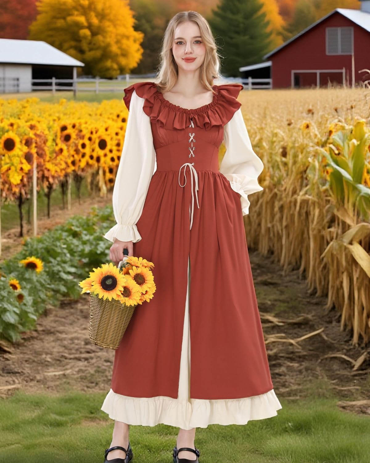 CR ROLECOS Renaissance Costume Women Lace up Medieval Dresses Ren Faire Victorian Peasant Dress