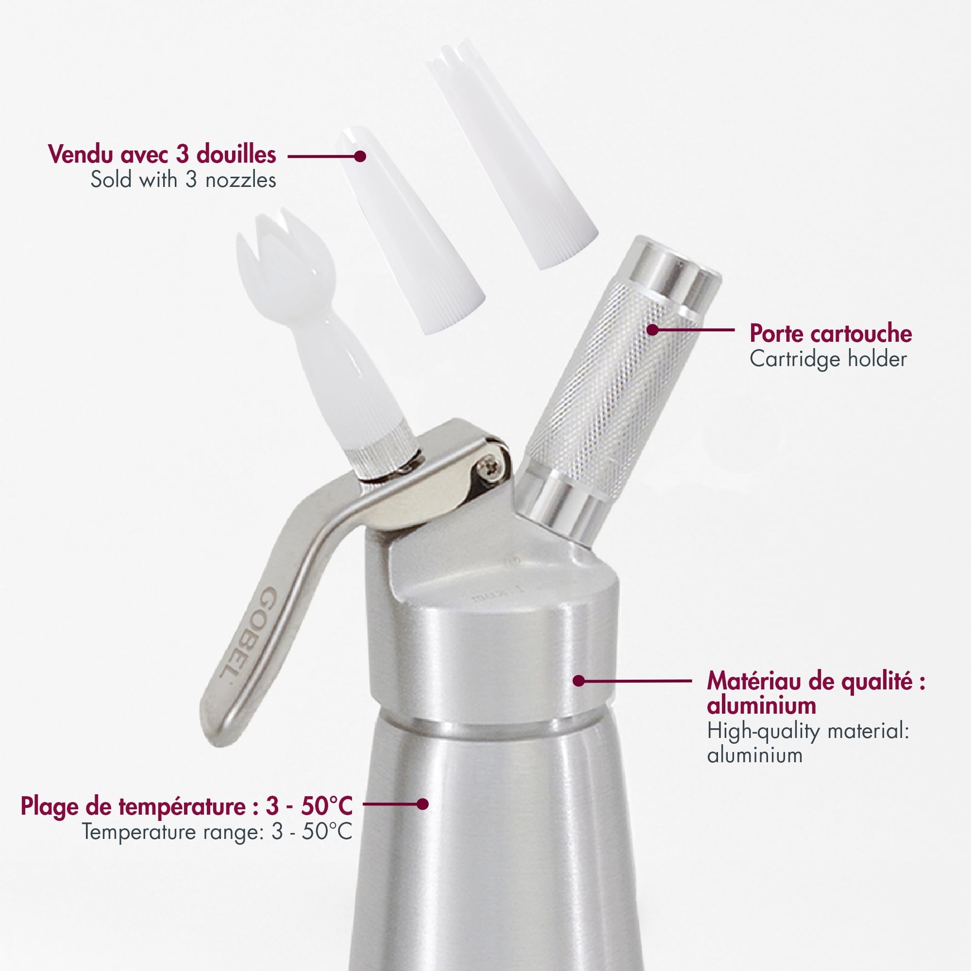 Gobel Siphon Chantilly 500 ml Aluminium – Crème Chantilly, Espumas & Mousses – 3 Douilles + Brosse – Siphon Cuisine Professionnel Chaud/Froid – Revêtement Antiadhérent