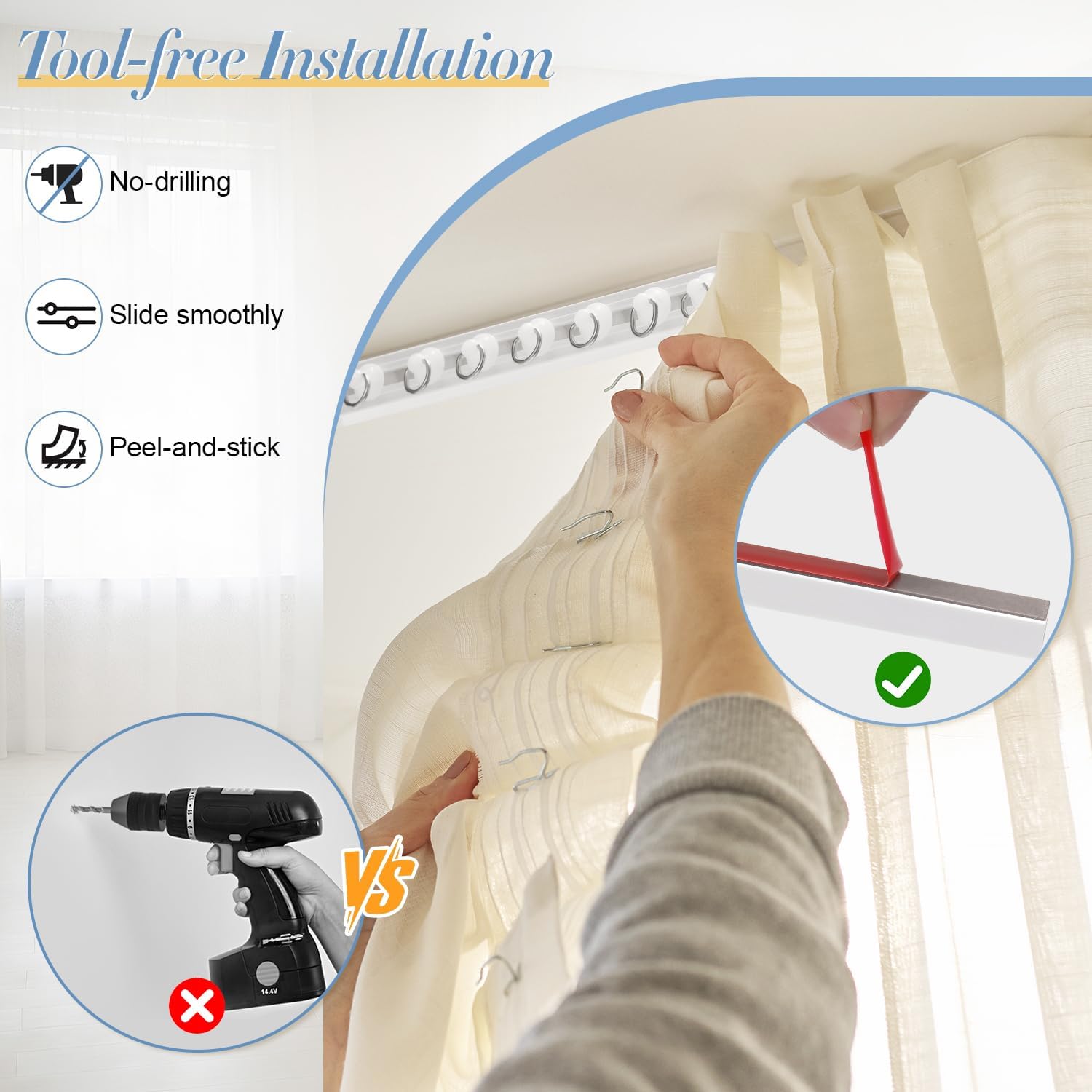 13.5Ft Self Adhesive Curtain Track, Curtain Track Ceiling or Wall Mount No Drill, Smooth Cuttable & Unbendable Ceiling Track for RV Bathroom Shower Closet Room Divider