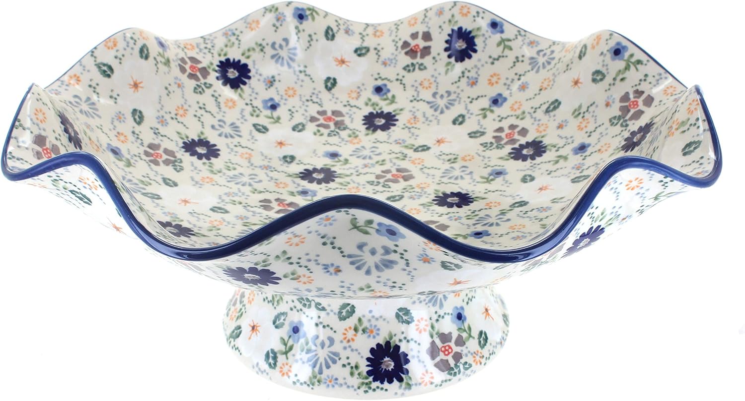 Blue Rose Polish Pottery - Blue Tulip Large Fluted Pedestal Bowl - 5" x 14" - Perfect for Bread, Fruit, Snacks or Table Centerpiece